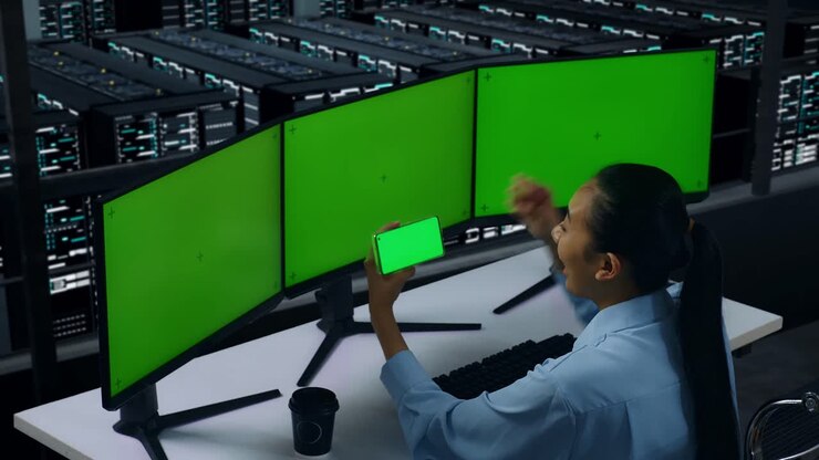 Vista laterale di una donna asiatica felice che guarda lo schermo verde del telefono cellulare e festeggia mentre lavora con monitor multipli in un Data Center
