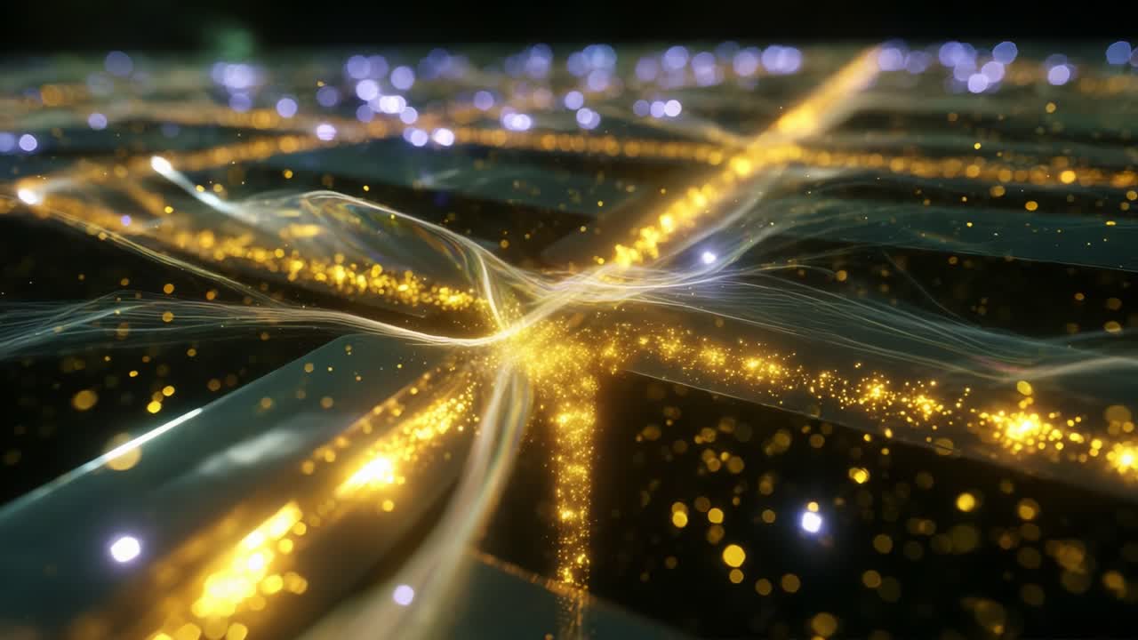 A mesmerizing display of luminescent golden particles intertwining and flowing across a digital landscape, showcasing intricate patterns and textures that captivate the imagination and provoke wonder