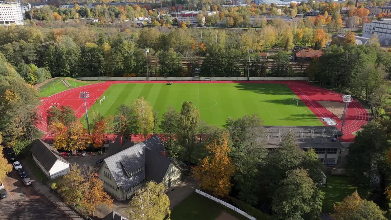 Riga Latvia Arkadia stadium recreation park surrounded by autumn forest view