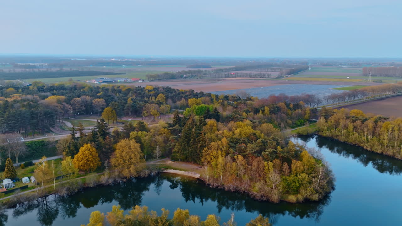 Serene Dutch landscape view. Lush greenery and calm waters create a picturesque view of the Dutch countryside during early evening hours
