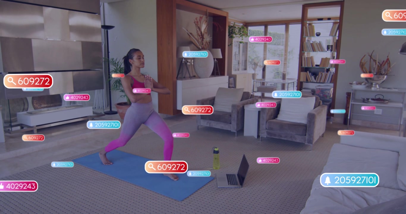 Fitness trainer following laptop, doing lunges on blue mat for workout while animated metrics float