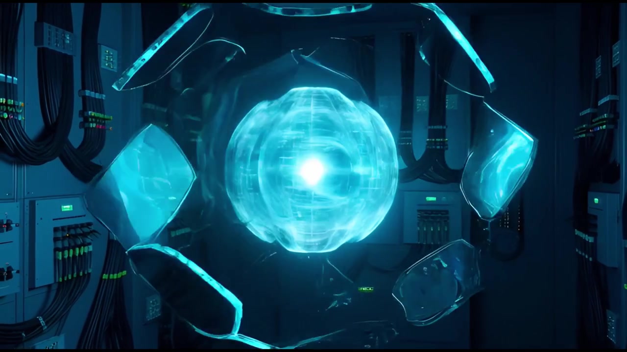 Sfera di energia luminosa che ruota all'interno di una sala server futuristica