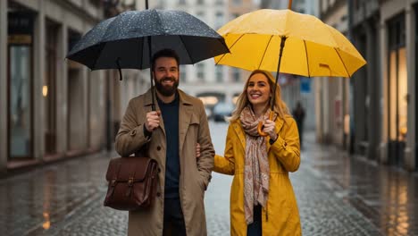 A Charming Couple Walks Together Under Colorful Umbrellas in a Rainy Street, Sharing Laughter and Joy Amidst the Drizzle of a Romantic Evening
