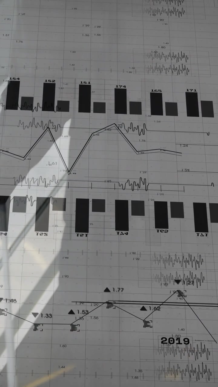 Vertical video: Woman lifting printed chart over suitcase, showing translucent business data trends