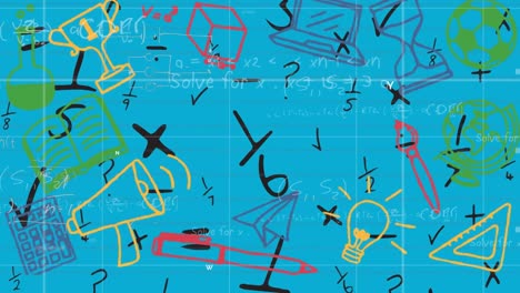 Multiple-school-concept-icons-over-grid-network-against-mathematical-symbols-on-blue-background