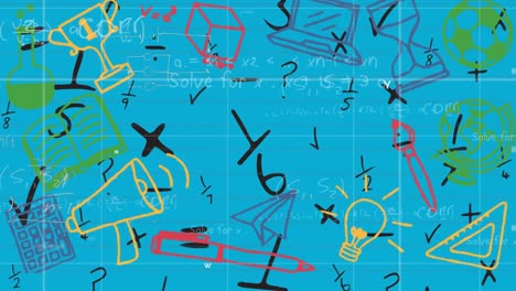 múltiples iconos de concepto escolar sobre una red de cuadrícula contra símbolos matemáticos en fondo azul