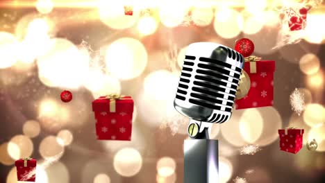 Animation-of-vintage-microphone-with-christmas-presents-falling