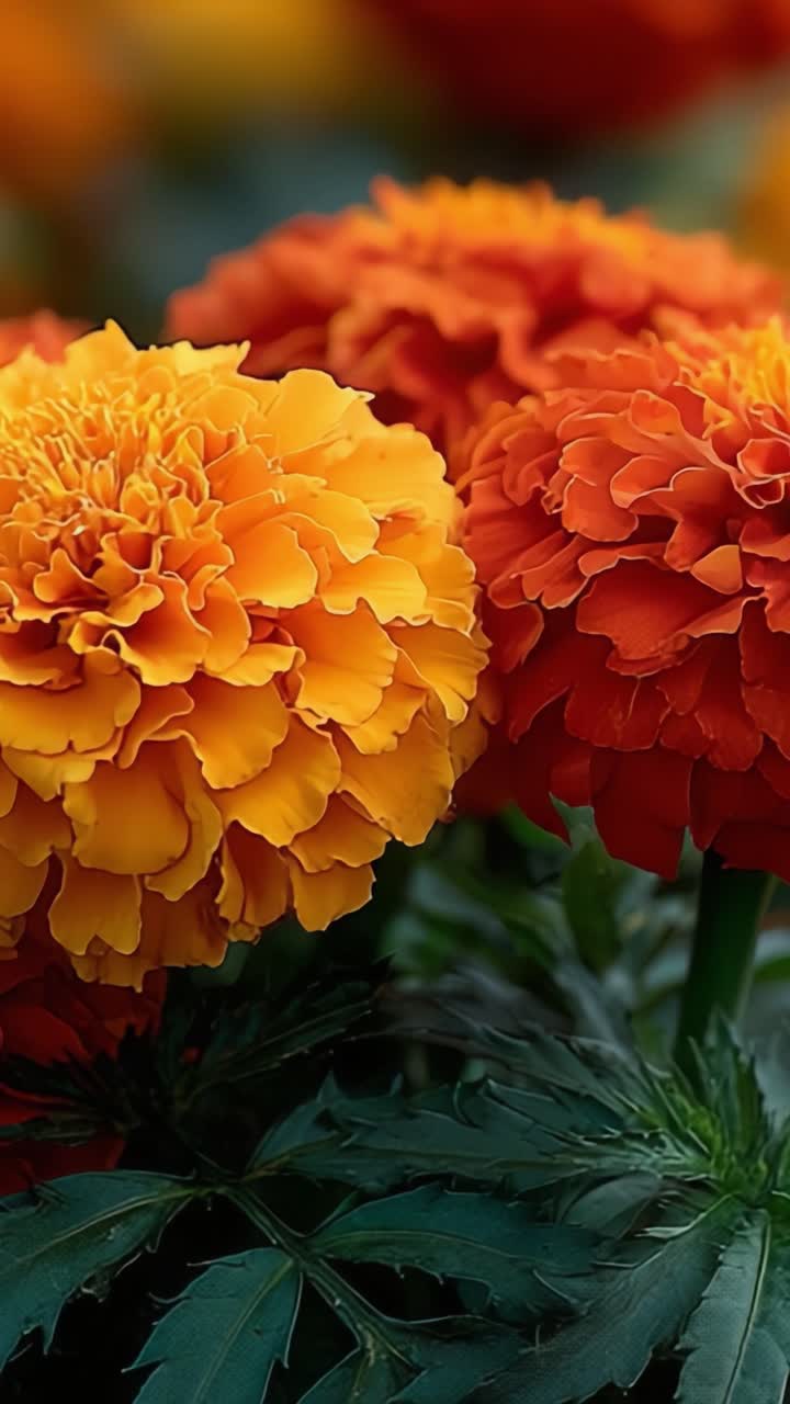 Uma exibição vibrante de flores de calêndula coloridas: uma visão em close-up de deslumbrantes flores laranja e amarelas cercadas por folhas verdes exuberantes em um ambiente de jardim