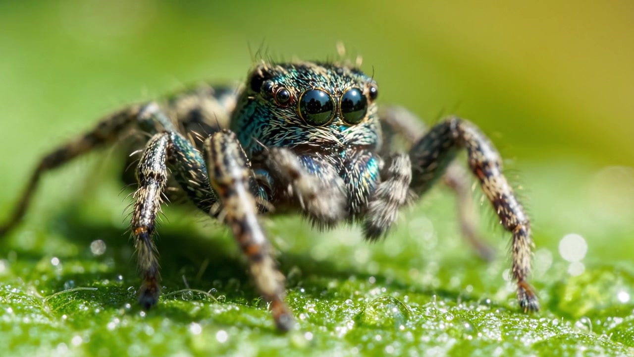 Close-up of a Magnificent Jumping Spider on a Leaf, Showcasing Its Intricate Details and Unique Coloration, Captured in Stunning Macro Photography
