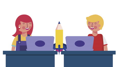 little students couple with laptops elearning animation