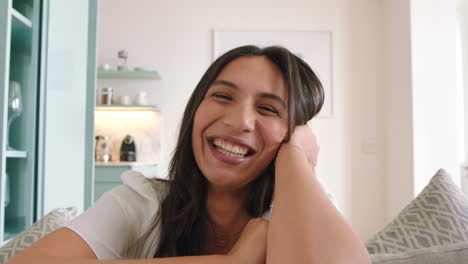 woman on video call in living room