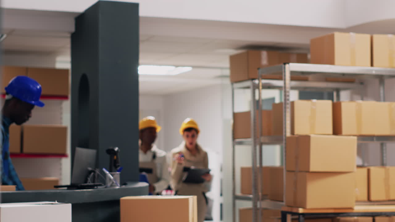 Warehouse Workers Inspecting Inventory and Shelves