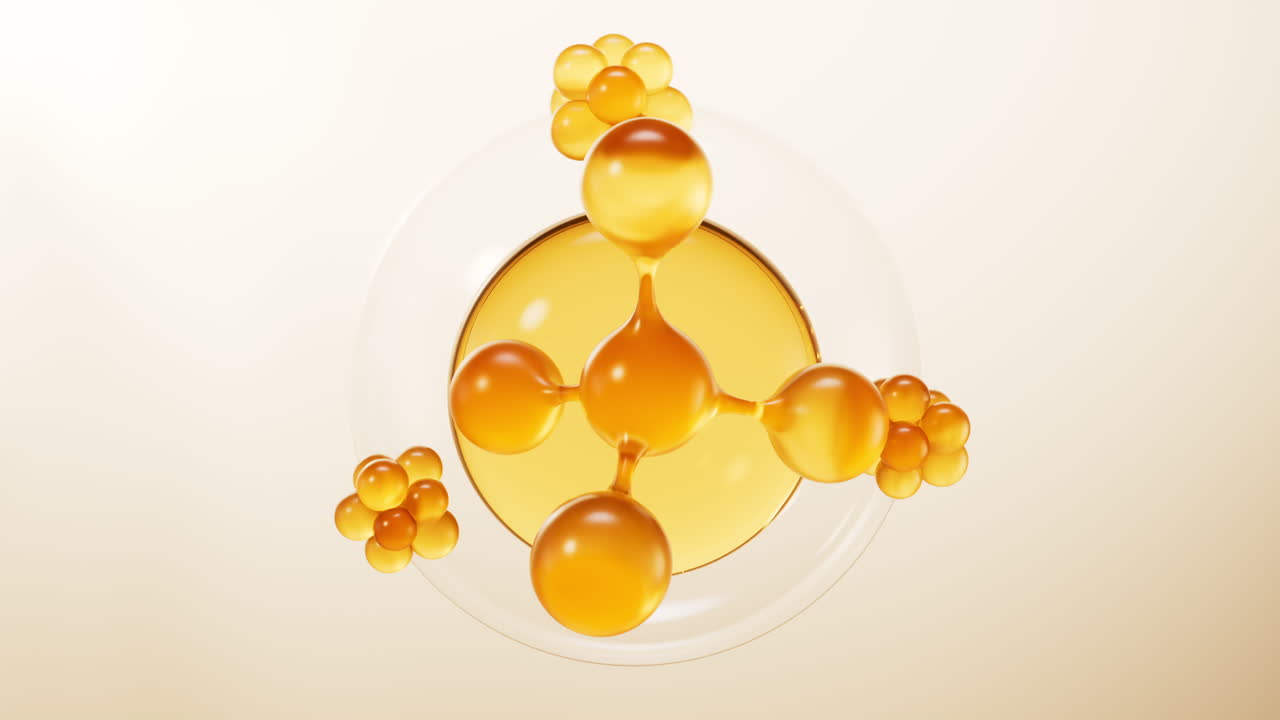 Molecola dorata biologica con sfondo cosmetico, rendering in 3D