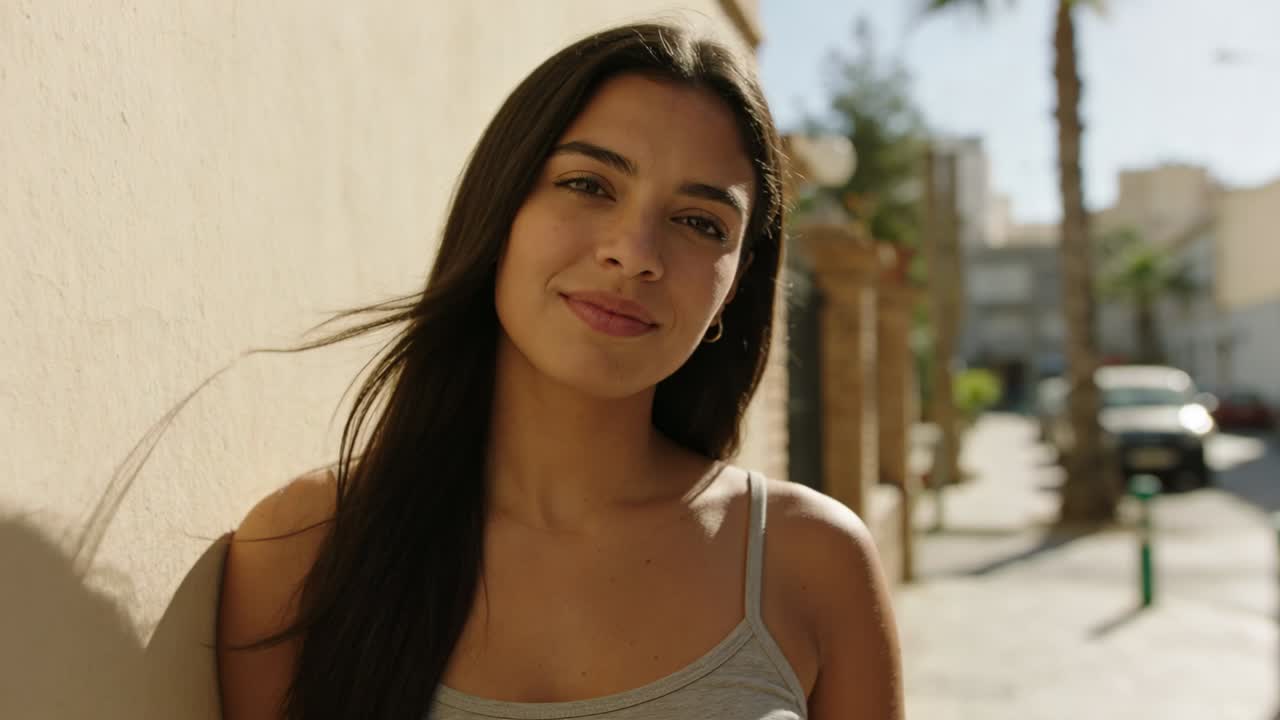 Donna sorridente che si spazzola i capelli, guarda lungo una strada stretta al sentire un rumore vicino a un muro beige, con canotta grigia, orecchini a cerchio