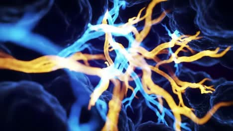an intricate visualization of neuronal activity showcasing the electric blue and yellow neural pathways linking points of communication and processing in a digital representation