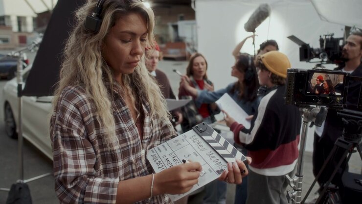 Assistente di produzione che compila il ciak su un set cinematografico all'aperto