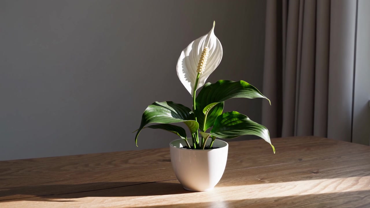 Pianta di Spatifillo in vaso bianco su tavolo di legno