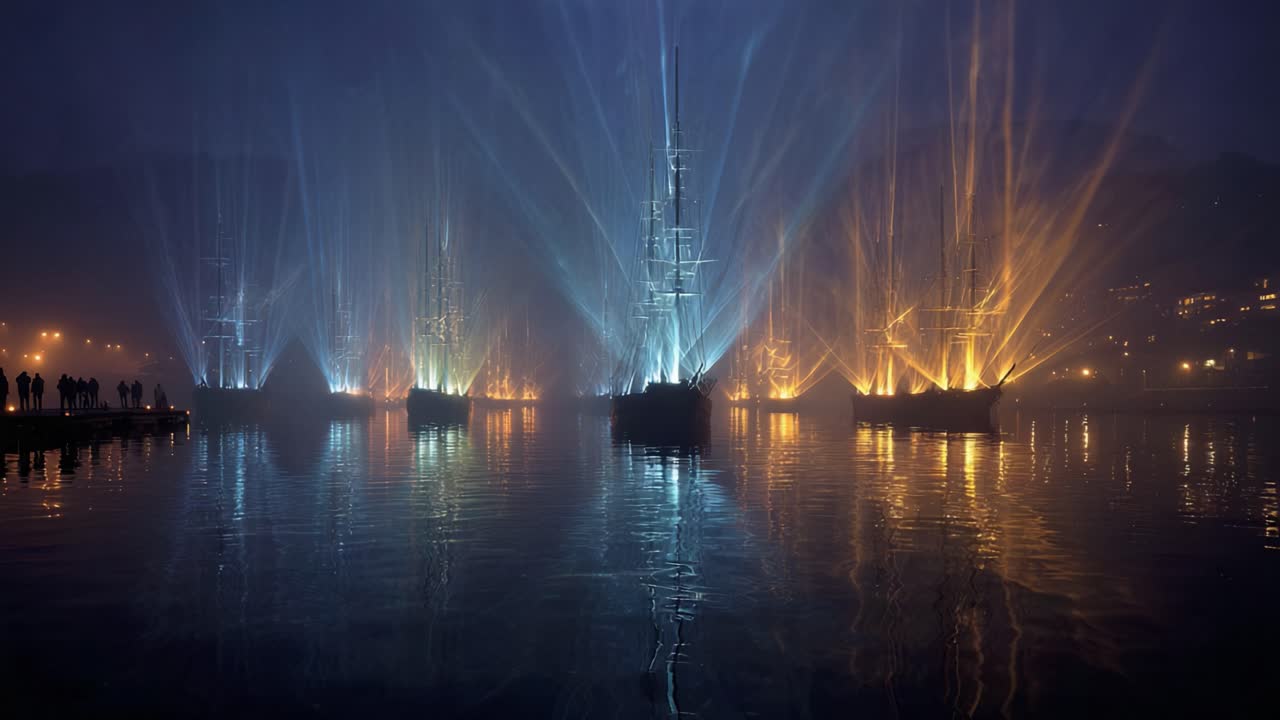 Breathtaking laser and light show illuminating a fleet of historic tall ships moored in a calm harbor, with colorful beams creating a magical and misty atmosphere reflecting on the water