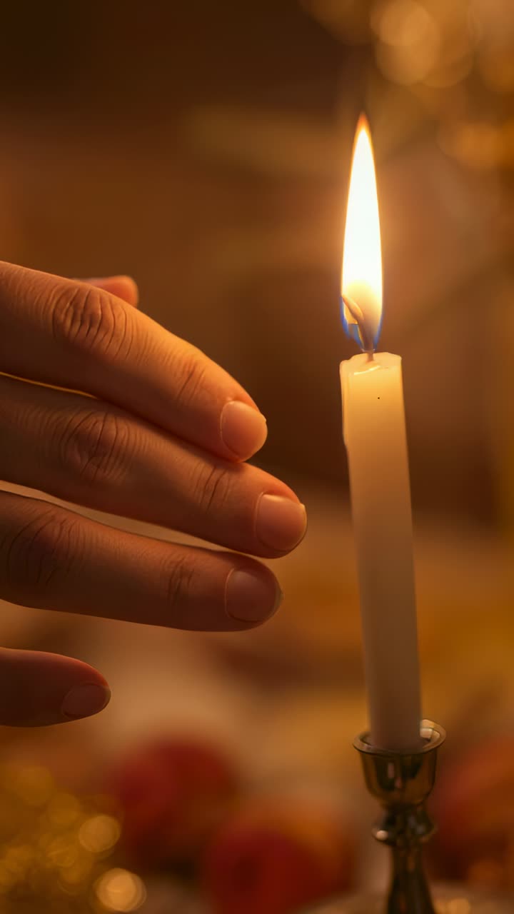 Video verticale: una mano nuda che tocca una candela affusolata sul tavolo, si ritira, la corrente sposta la fiamma