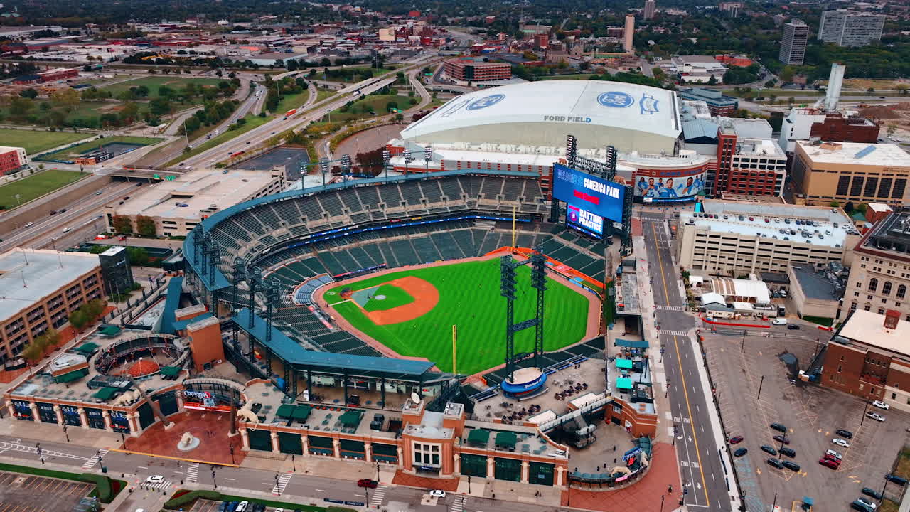 Detroit, USA, 28 July 2025: Flight around Comerica Stadium in the downtown of Detroit, Michigan, USA. City scenery from drone with lively traffic