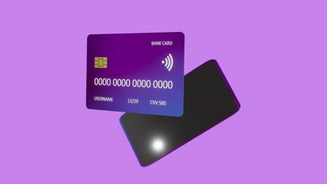 animation of smartphone and credit card over purple background