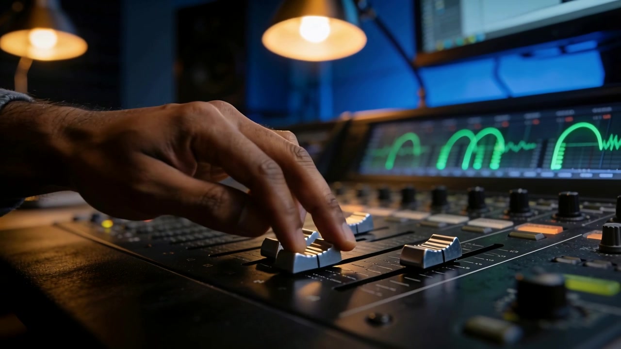 Reacting to green meters, right hand sliding motorized faders in studio, long-sleeve cuff visible