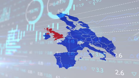 animation of financial data processing over map of blue europe and red united kingdom