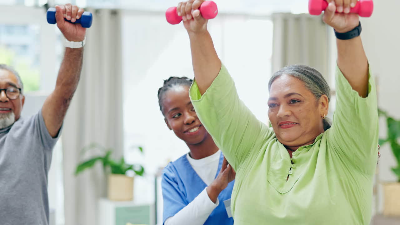 Rehabilitation, weights and nurse with senior