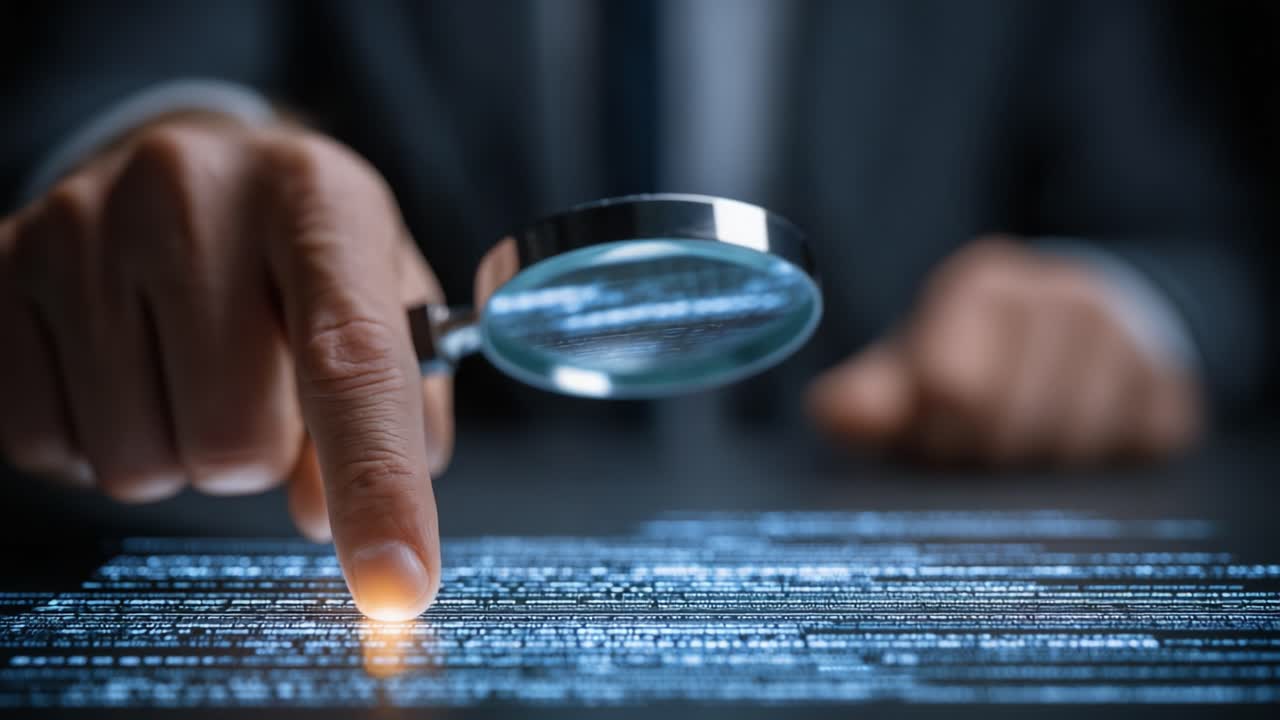 Análisis Enfocado de Datos Digitales: Un Individuo Analizando Información Textual a Través de una Lupa en un Entorno Profesional