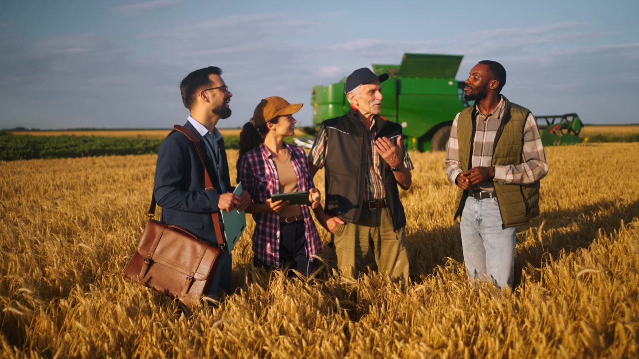 Grupo diverso de profesionales debatiendo sobre agricultura en un campo de trigo