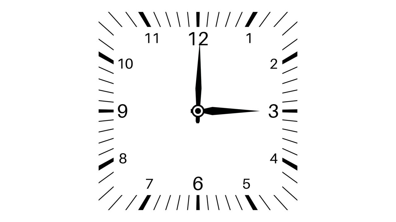 Square clock loop motion from noon to midnight. White clock face on white background. Animated 4k video