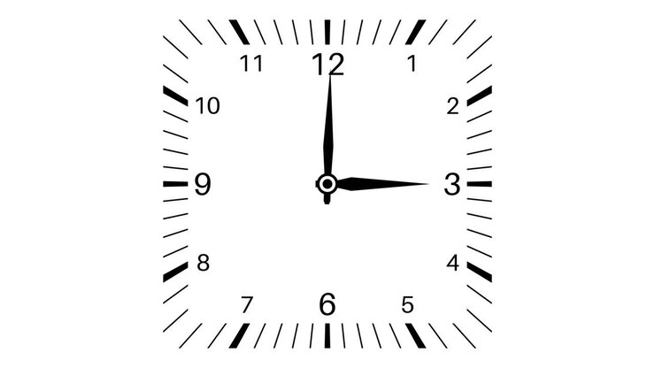 Square clock loop motion from noon to midnight. White clock face on white background. Animated 4k video