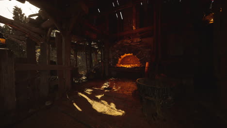 a rustic, abandoned hut with a fireplace burning