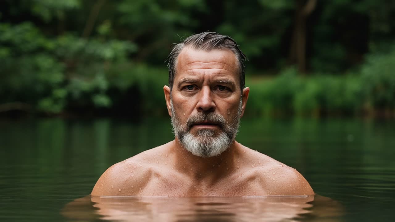 A Serene Moment: A Man with a Grizzled Beard and Reflective Expression Contemplates Life While Immersed in Calm Waters Surrounded by Lush Greenery