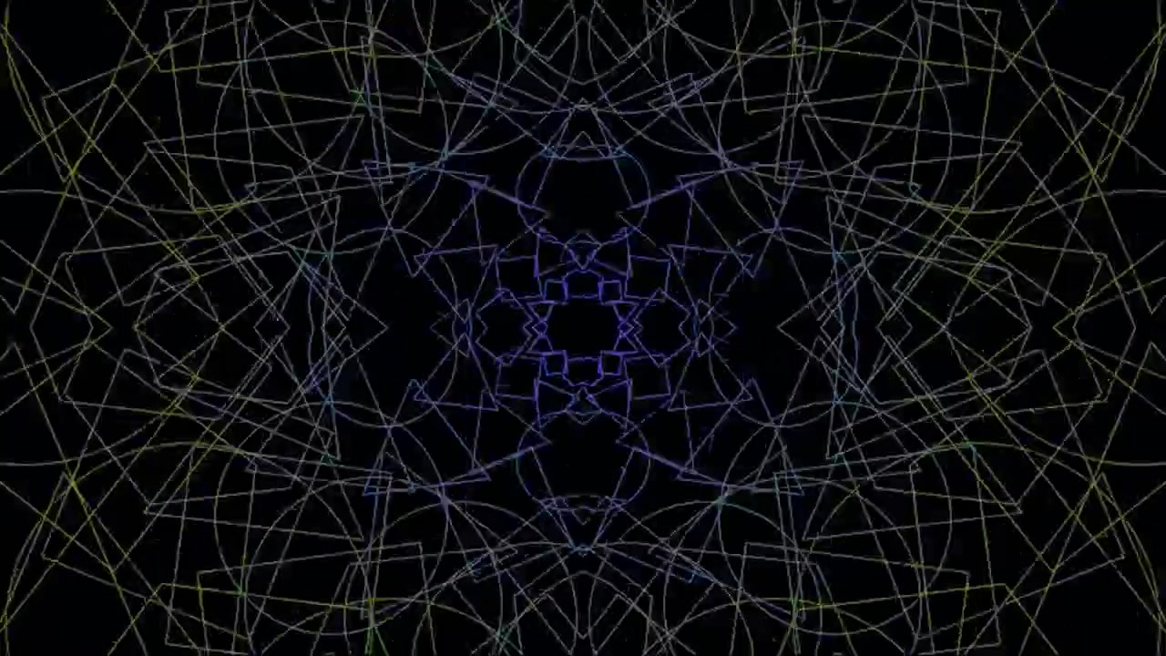 Motivo caleidoscopico geometrico astratto con linee neon pulsanti