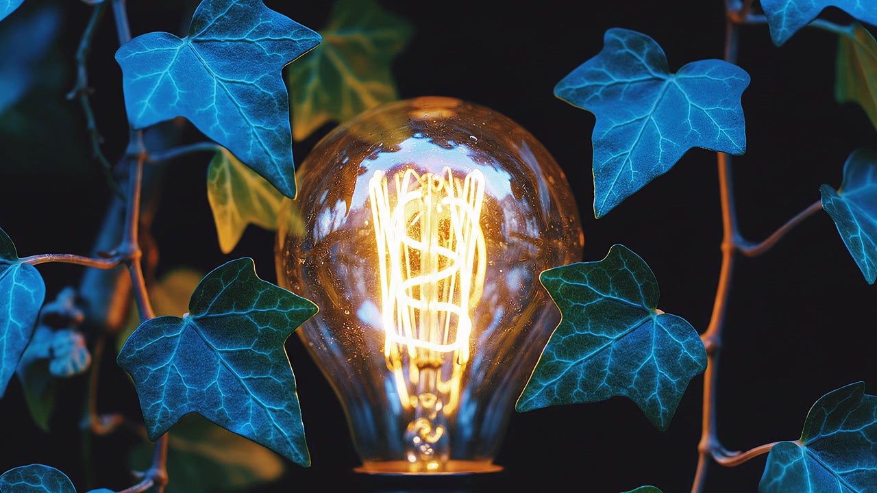Glowing Incandescent Light Bulb Surrounded by Blue Ivy Leaves