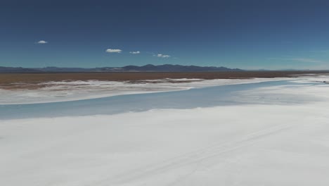 aerial view of the horizon in the natural salt flat of salinas grande in jujuy province, argentina