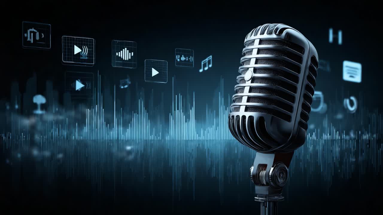 Accattivante primo piano di un microfono vintage su sfondo digitale con onde sonore, che illustra perfettamente l'intersezione tra musica e tecnologia nella moderna produzione audio