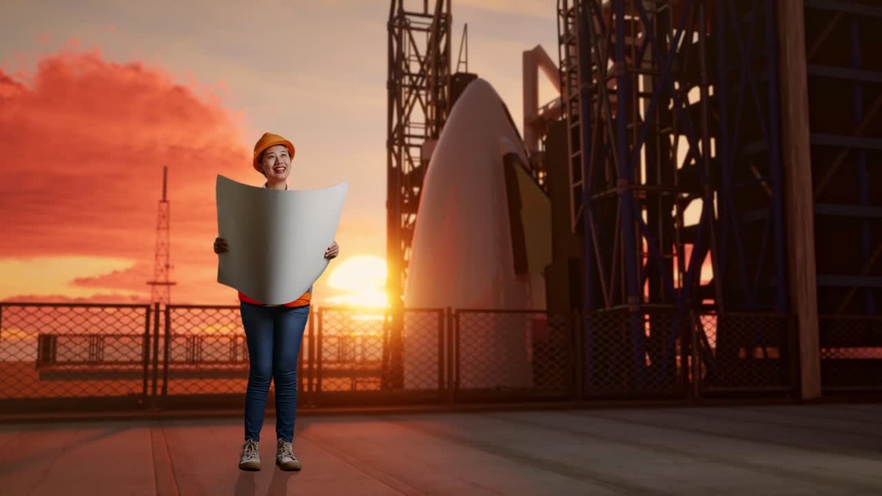 cuerpo lleno de ingeniera asiática con casco de seguridad mirando el plano en sus manos y mirando a su alrededor mientras estaba de pie con el transbordador espacial, hora de la puesta del sol