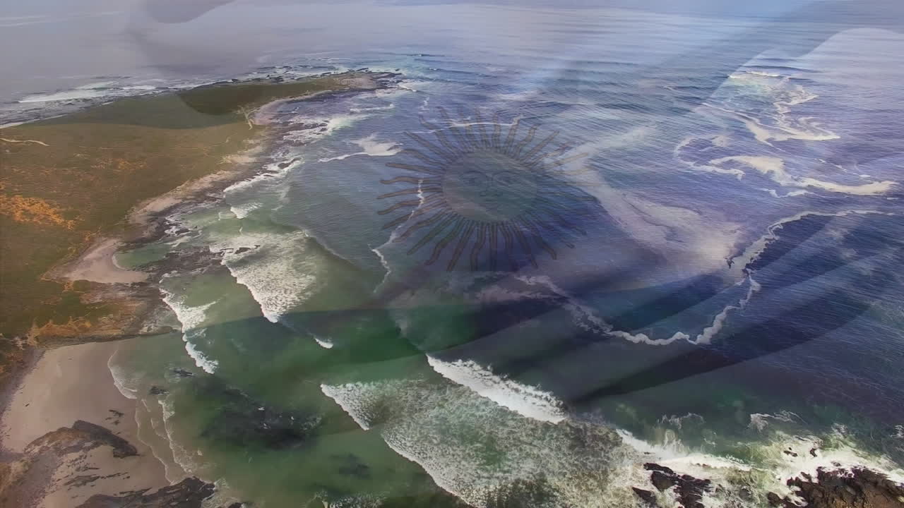 animación de la bandera de argentina ondeando sobre el paisaje marino