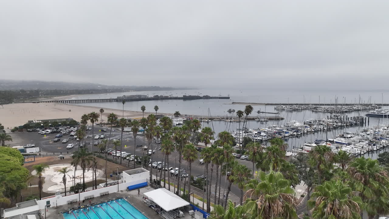 Santa Barbara California, view of pool by harbor on a cloudy day.