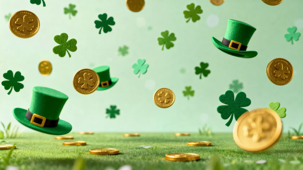 Trifogli, monete d'oro e cilindri verdi che fluttuano sull'erba, creando una pioggia festiva.