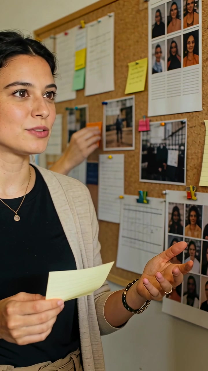 Video vertical: Mujer hablando con cárdigan, señalando fotos en el trabajo, sosteniendo una nota amarilla, con espacio para texto.