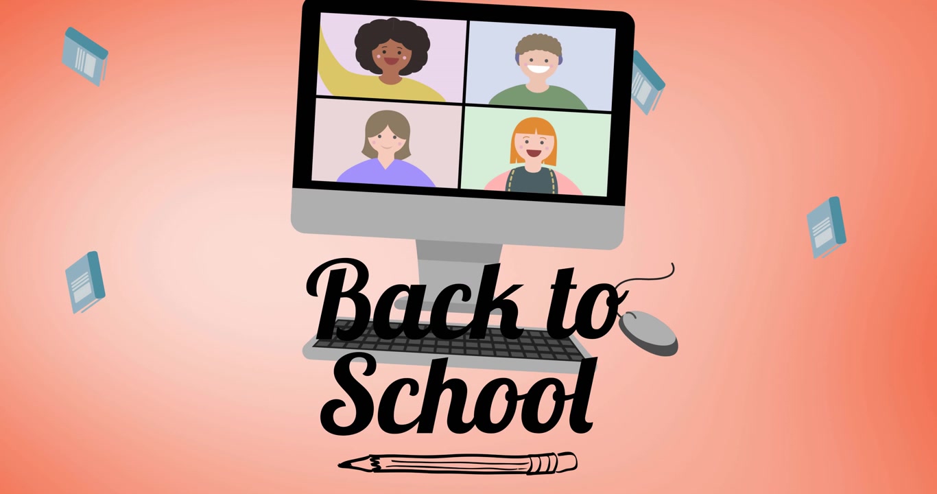 Animation of text back to school over falling notebooks and computer video call, on pink