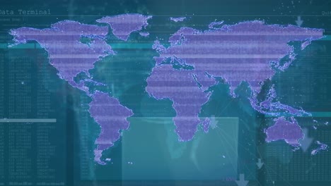 Animation-of-digital-interface-and-data-processing-over-world-map-on-blue-background