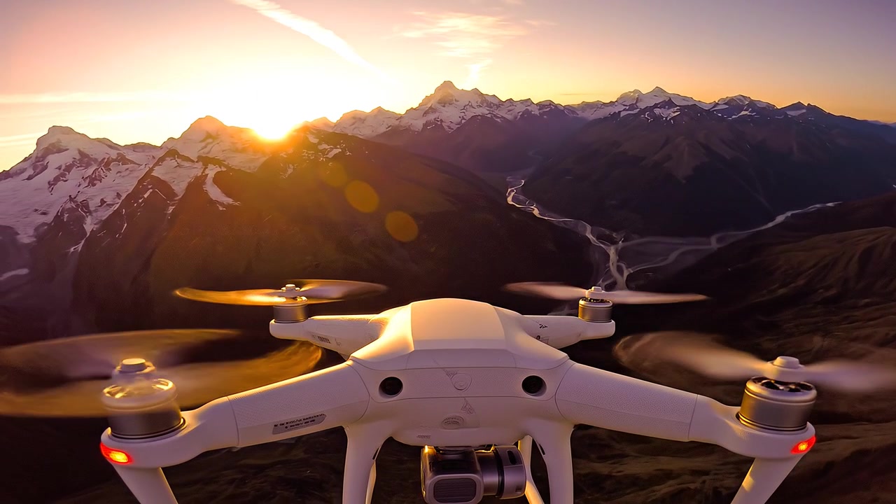 Drone bianco che sorvola cime montuose innevate al tramonto