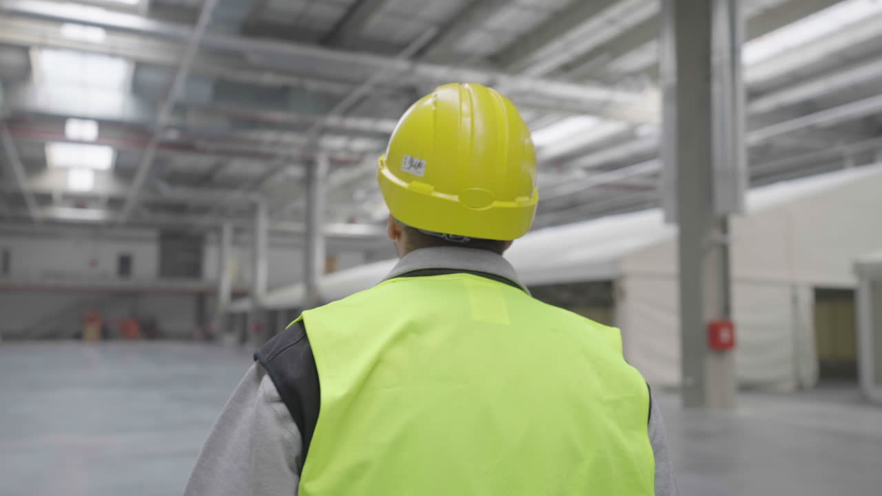 Lavoratore che cammina con dispositivi di sicurezza