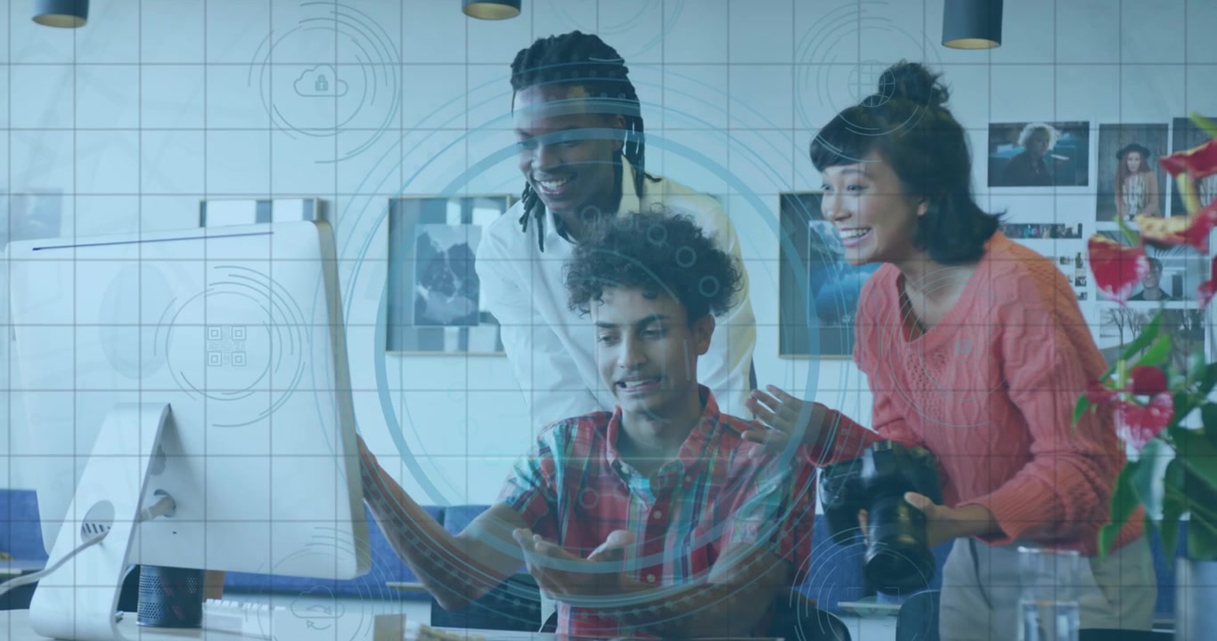 Animation of cyber security data processing over diverse colleagues discussing together at office