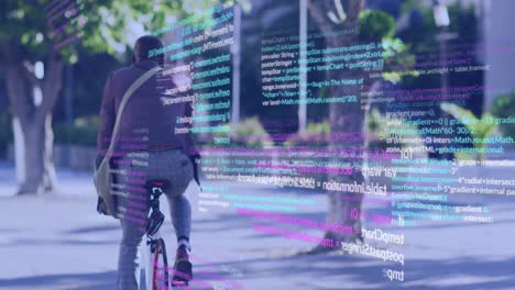 animación del procesamiento de datos sobre un hombre de negocios afroamericano montando una bicicleta.