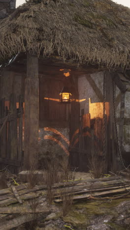 a rustic wooden cottage with a thatched roof and a lantern hanging from the porch